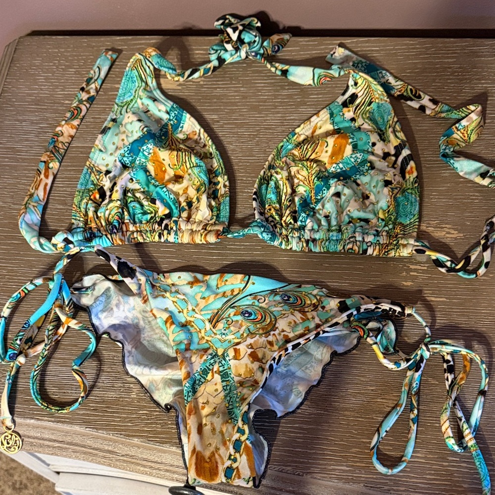 Luli Fama Turquoise Teal & Gold Print String Bikini